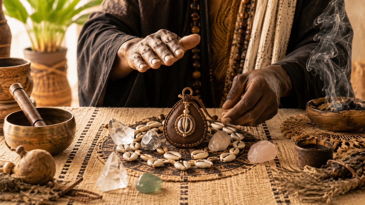 La main du praticien au-dessus d’une amulette, dans le cercle de cauris