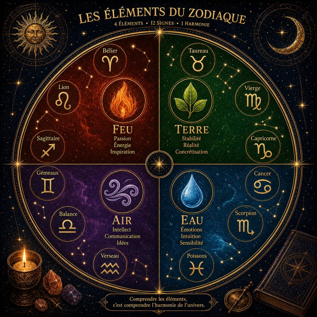 Les quatre éléments du zodiaque — Feu, Air, Eau et Terre, et les douze signes